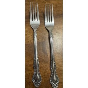 EKCO Eterna Beaumont Fork Stainless Steel Floral Handle Silver, Japan. Set of 2